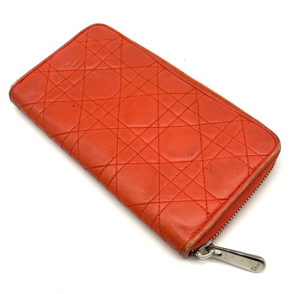 LADY DIOR Orange Coral Leather Iconic Quilted Long Zip Around Wallet Clutch Bag